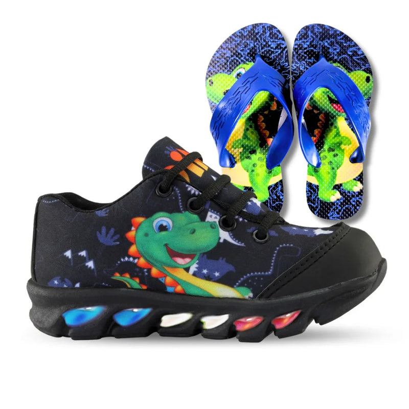 Kit Tênis Infantil Dinossauro led com chinelo